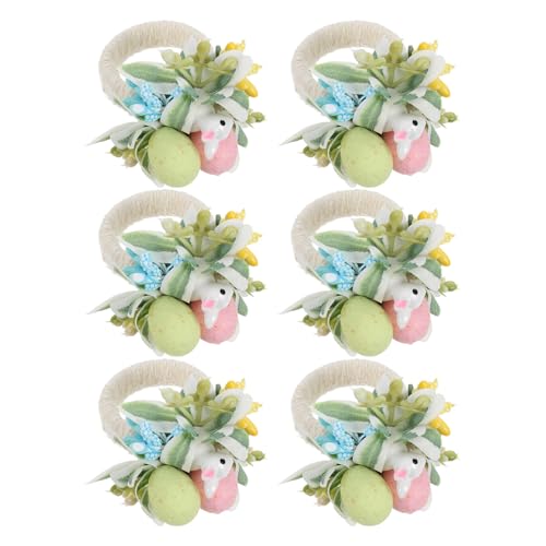 Mikinona 6pcs Easter Bunny Napkin Rings with Jute Rope, Spring Rabbit Table Rings with Colorful Eggs, Napkin Holders for Holiday Dinner Party and Dining Table Decoration