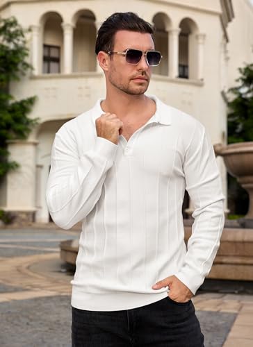 Mens Knit Polo Shirts Long Sleeve Casual Business Collared Ribbed Textured Golf Activewear Polo Shirts2