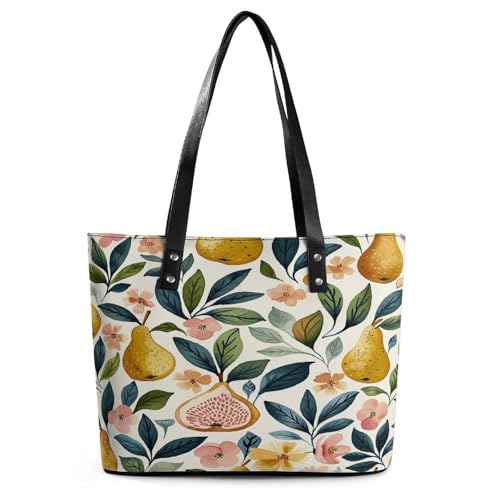 Figs And Pears Tote Bag Large Soft Leather Purse with Zipper Lightweight Ladies Shoulder Handbag