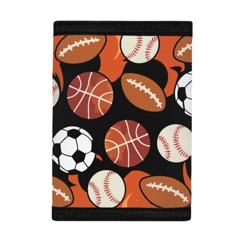 Rshubino Fire Soccer Wallet for Kids Basketball Boys Novelty Wallet for Children Rugby Wallet with Hook and Loop Baseball Trifold Wallet for Sports Outdoor