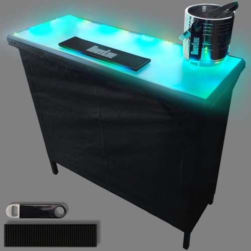 Image of PartyLife Glowing LED Surface Portable Bar Table w /Mobile App, Folding Steel Legs, 2 Bar Skirts, Supportive Storage Shelf & Carrying Case - Black Skirt