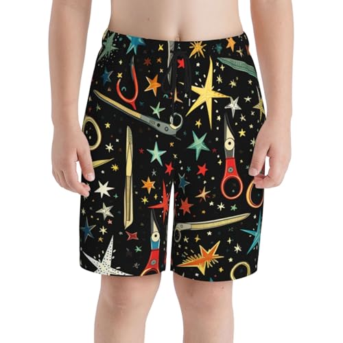 Boys Beach Shorts Quick Dry Swim Trunks Board Surf Summer Teen Kids, Barber Scissors Accessories Stars Retro3
