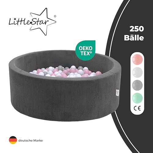 LittleStar® - Bällebad | 250 Bälle, ⌀ 6cm - perfekt greifbar | schadstofffrei | Rutschfester Boden | Kinder | Kleinkinder | Babys | ab 10 Monaten (rosa-grau-weiß, 90x30cm rund, Bällebad grau meliert)