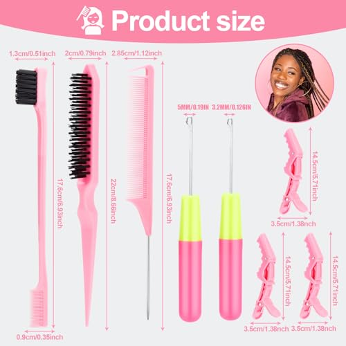 SWEET VIEW Hair Crochet Hooks Set - 2 Crochet Needles, Edge Brush, Bristle Brush, Rat Tail Comb, 3 Gator Clips for Passion Twist Hair Extensions - Thumbnail 2