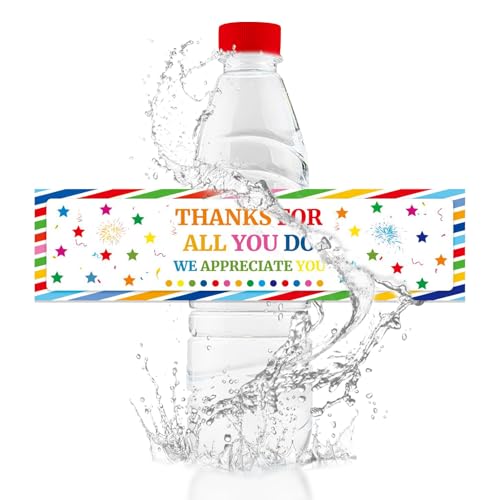 URROMA Water Bottle Labels, 50Pcs Colorful Stripes Thanks for All You Do Waterproof Bottle Sticker for Wedding Birthday Graduation Baby Shower
