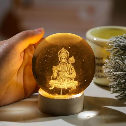 Image of 3D Hanuman Crystal Ball Night Lamp, Solar System Hanuman Crystal Ball Night Light, USB Table Colorful Led Wooden Crystel Ball for Home, Office, Birthday Gift (Hanuman)