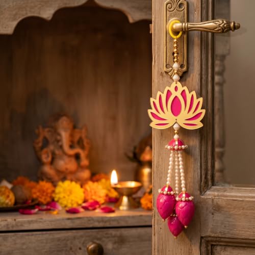 Image of JH Gallery Pearl Bead Lotus for Ganpati Decoration Items for Home - Handmade Ganesh Chaturthi Backdrop Decoration, Mandir & Balcony Hanging (16 Inch, Pack of 10)