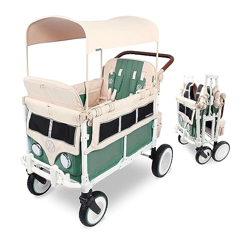WONDERFOLD Volkswagen Quad Stroller Wagon (4 Seater) Featuring Classic VW Bumper, Functioning Headlights, and Retro All-Terrain XL Wheels with Suspension and Bearings, Sage Green