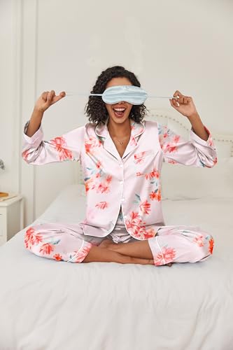 Image of Ekouaer Women's Classic Button Down Long Satin Silk Pajama Set
