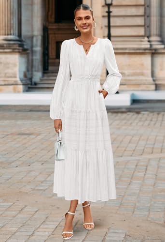 MEROKEETY Fall Dresses for Women 2025 Long Sleeve Casual V Neck Tiered Cotton Wedding Guest Maxi Dress Pockets4