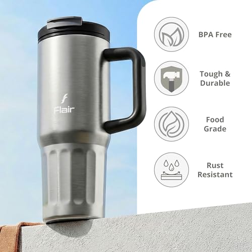 Image of FLAIR Vogue Vacuum Insulated Stainless Steel 750 ml Tumbler with Handle | 2-in-1 Lid with Flip Straw & Sip Spout -Grey | Hot & Cold Beverage Mug | Leak Resistant