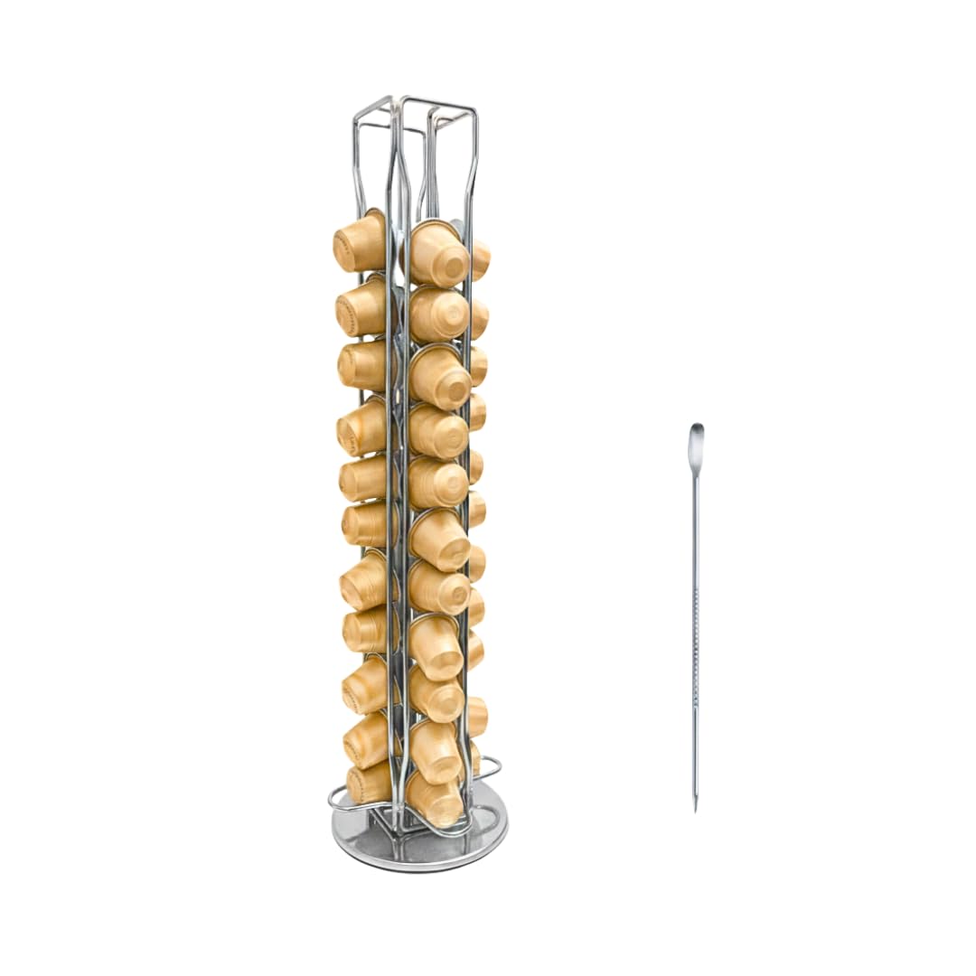 Soporte Cápsulas de Café Compatible con Nespresso - 40 Cápsulas - Giratorio 360º - Organizador de Cápsulas de Acero Cromado Inoxidable - Base Antideslizante | Incluye Lápiz Decorador