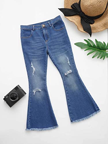 Kids Girls Casual Denim Jeans Elastic Waistband Raw Hem Denim Pants Trousers3