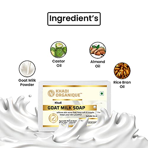 Image of Khadi Organique Handmade Natural Goat Milk Soap Bar with Castor, Almond & Rice Bran Oils | Deep Moisturizing, Hydrating & Nourishing Formula | For Men & Women | 125g Each (Pack of 3)