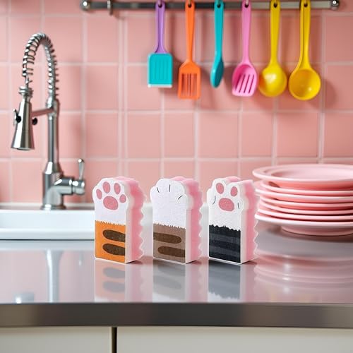 Image of 3Pcs Pink Random Style Cat Claw Design Kitchen Cleaning Sponges,Cute Household Cleaning Tool,Claw Design Non-Scratch Dishwashing Scrub Sponge Kitchen Cleaning Tool,Household Supplies