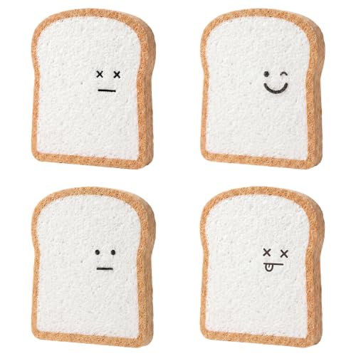 Image of Bread Sponges, Toast Shaped Compostable Kitchen Scrubber Pads, Non-Scratch Dish Sponge Set (4Pcs) (4pcs-Big Eyes /Smiling face /X face /toot face)