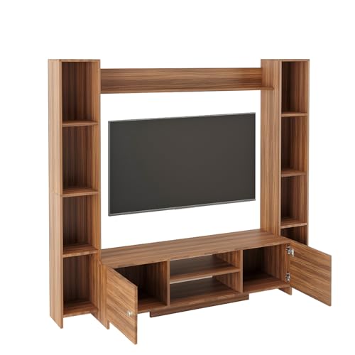 Image of FURNEASER Decoria Wooden TV Cabinet Unit with Side Bookshelf & Storage | Modern Entertainment Center for Living Room | TV Stand for Up to 43-50 Inch TV (Exotic Teak)