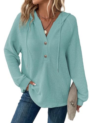 Image of Dokotoo Hoodies for Women Waffle Knit Button V Neck Casual Sweatshirt Tops