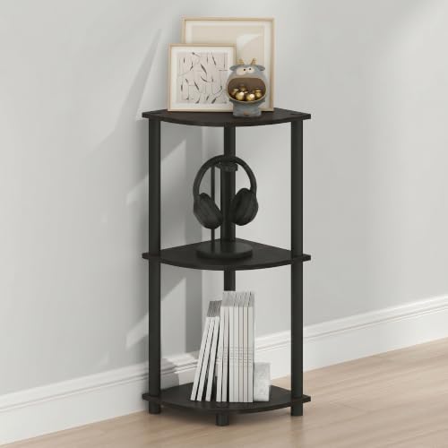 Image of Furinno Turn-N-Tube Toolless Assembly 3-Tier Storage Shelves, Espresso | Black Corner Shelf, Open Storage Book Shelf, for Organization and Storage, Living Room, Home Office, Bedroom