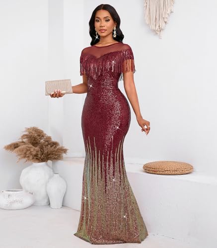 Image of Cololura Sexy Sequin Tassel Mesh Perspective Party Cocktail Bodycon Evening Club Maxi Dress