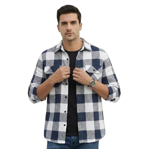 Image of MiraMichi Men's Pure Cotton Blue Checkered Full Sleeve Shirt - Regular Fit, Casual Wear, Comfortable and Stylish Design