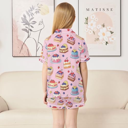 Satin Pajama Sets Short Sleeve Cake Fruits Pattern Button Down Silky Nightwear 2 Piece PJS 5-14Y4