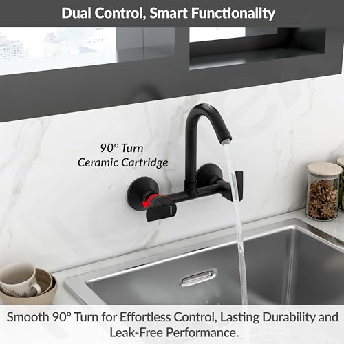 Image of Plantex Sink Mixer Tap for Kitchen with 360 Swivel Spout /Hot and Cold Water Tap with Wall Flange and Teflon Tape /Brass Spindle Sink Tap (Saga-Black)