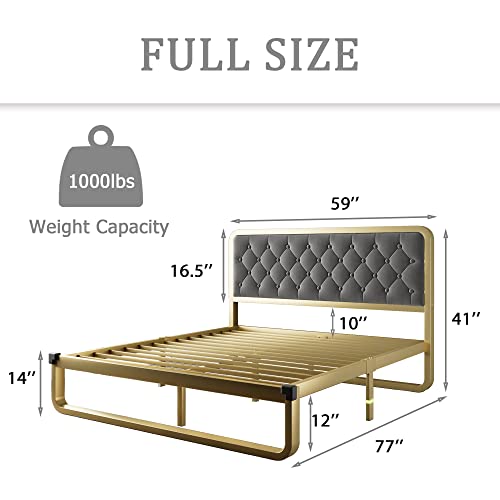Ipormis Metal Full Size Bed Frame With Velvet Button Tufted Headboard, Curved Platform Bed With Heavy Duty Steel Slats, Safe Rounded Edges, 12'' Storage Space, Noise-Free, Easy Assembly, Yellow & Gery #TOP1