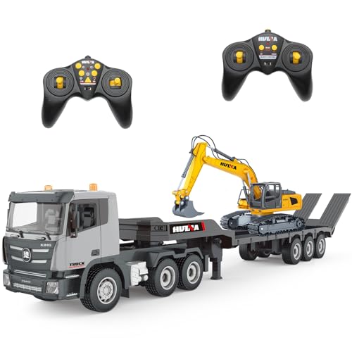 fisca RC Semi LKW und Bagger Spielzeug 2.4Ghz Ferngesteuerter Pritschenwagen und Bagger Spielzeug 1:24 RC Sattelzugmaschine mit Sound und Lichtern Geeignet für Baufahrzeuge für Jungen