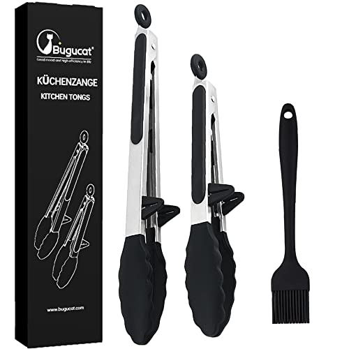 Bugucat Pinzas de Cocina 2PCS,Pinzas para Barbacoa Profesional Pinzas para Parrilla de Acero Inoxidable Pinzas Chef Pinzas Servir Resistente al Calor con Soporte y Orificio para Colgar Cover