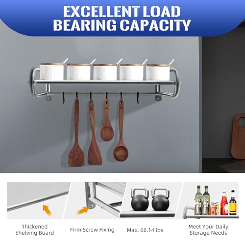 FROPIJ Estantería para microondas, de acero inoxidable, soporte para microondas, montaje en pared, con 6 ganchos móviles, soporte de pared para horno, microondas (plata) - imagen 4