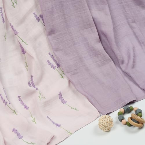 Image of Muslin Swaddle Blankets Neutral, Baby Swaddling Wrap Nursery Receiving Blanket for Baby Girl, 70% Viscose from Bamboo and 30% Cotton, Large 47 x 47 inches Lavender & Mauve