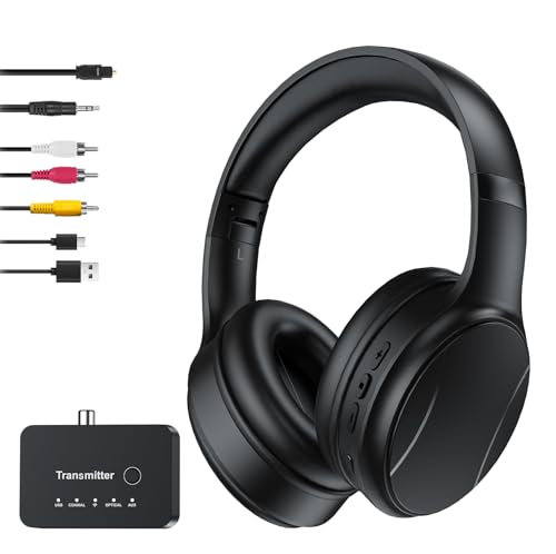 Cuffie TV Wireless per Anziani, 2.4G RF & Bluetooth 5.4 con Trasmettitore 5-in-1 (Uscita Ottiche/Coassiali/RCA/AUX/USB), 5 Modalità EQ, Portata 30m, 20H Autonomia, Cuffie TV Over-Ear Pieghevoli Regalo