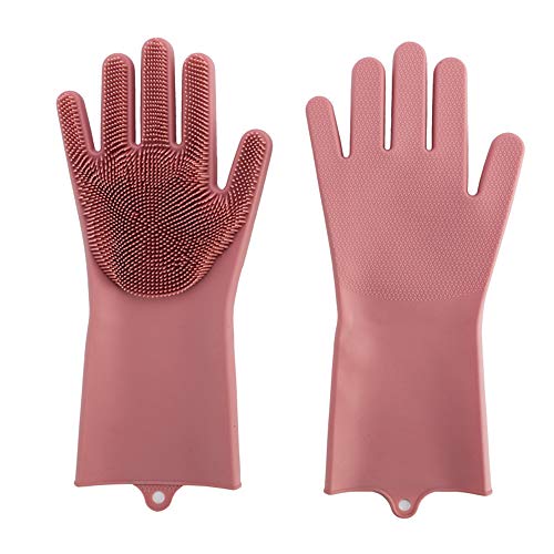Preisvergleich Produktbild SHUHAO Silikon-Handschuhe, Silikon Abwasch Handschuhe Wiederverwendbare Gummihandschuhe, Mit Scrubber Wash Reinigung Handschuhe Für Waschen Küche Badezimmer,Rosa