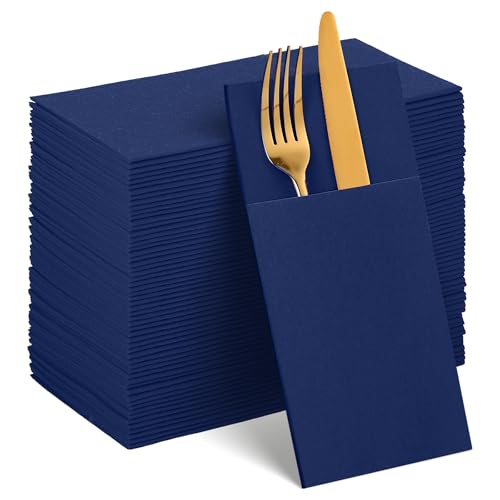 60 Pcs Navy Blue Linen-Feel Paper Napkins with Built-in Flatware Pocket Blue Pocket Linen Napkins Prefolded Cloth Like Paper Napkin Bulk for Silverware Birthday Bathroom Celebration Party