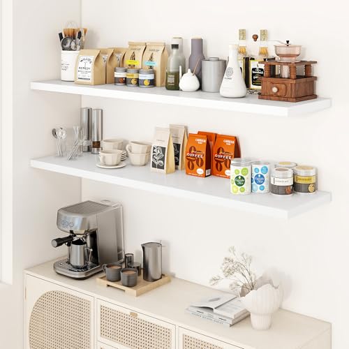 Image of Dreamland 55 inch Floating Shelves for Wall, 12 inch Deep Slim White Floating Shelves, Wall-Mounted Shelves for Bedroom, Living Room, Kitchen, Bathroom - Set of 2