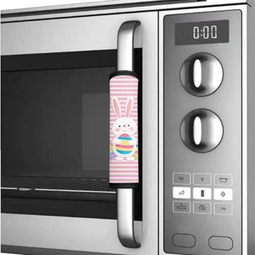 Image of Easter Decorations Fridge Door Handle Covers Set of 6 Kitchen Appliance Decor Handles Glove Anti-Slip Protectors Refrigerator Accessories, Rabbit Easter Egg Pink White Stripes Pattern