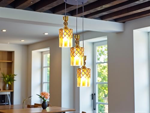 Image of Prop It Up Pineapple Pendant Light, 3-Light Cluster, Gold and Luster Glass pandant Light for Bedroom, Decorative Lattice Design Hanging Light for Hall, Dining Room Chandelier Bulb Not Included