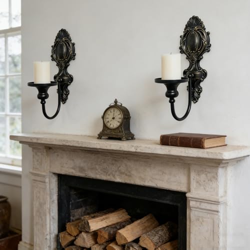 YOLLZEY Candle Holder Wall Sconces Set of 2 - Gothic Vintage Black Wrought Iron, Medieval Victorian Wall Decorations for Candles, Living Room Bathroom Entryway Halloween Rustic Home