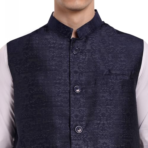 Image of SKAVIJ Mens Embellished Ethnic Wear Nehru Jacket Floral Printed Formal Waistcoat Regular Fit (X-Large,Blue)