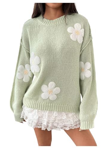 SHENHE Women's Flower Sweater Crewneck Long Sleeve Drop Shoulder Knit Sweaters Pullover Tops3