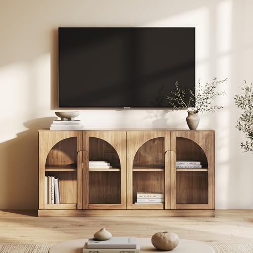 Image of BELLEZE Bijou 64 inch Arched Glass Door Sideboard, Accent Buffet Cabinet with Storage and Adjustable Shelves, Classic Modern Large Console Table for Dining Room Living Room Entryway - Camel