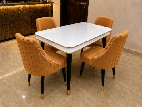 Image of WOODEN SPACE 4 Seater Wooden Dining Table Set | Urban Marble Top Dining Table with Chairs for Dining Room & Kitchen (Modern Infinity Mustard) (54 x 36 x 30 inch)