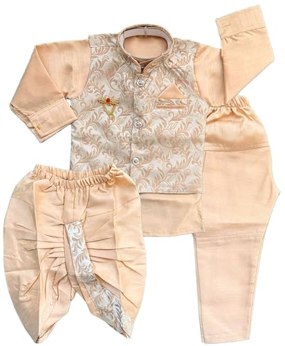 Image of Little Kids Ethnic Wear Kurta Pyjama and Waistcoat Set For Boys | Stylish Ethnic Wear | 3-piece set | Silk and Cotton Blend Fabric