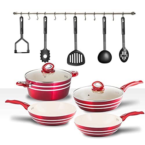 Chefs Star 11 Piece Professional Grade Aluminum Non-Stick Pots & Pans Set - Red/Cream Second Image