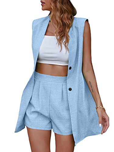 Floerns Women's 2 Piece Solid Double Breasted Vest Blazer With High Waist Shorts Set Light Blue L #TOP18