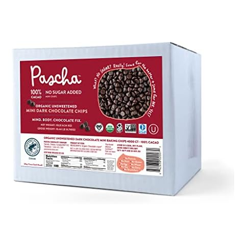 Pascha Organic Mini Unsweetened Dark Chocolate Baking Chips 100% Cacao, UTZ, Gluten Free, Non GMO, No Added Sugar, Bulk Cover