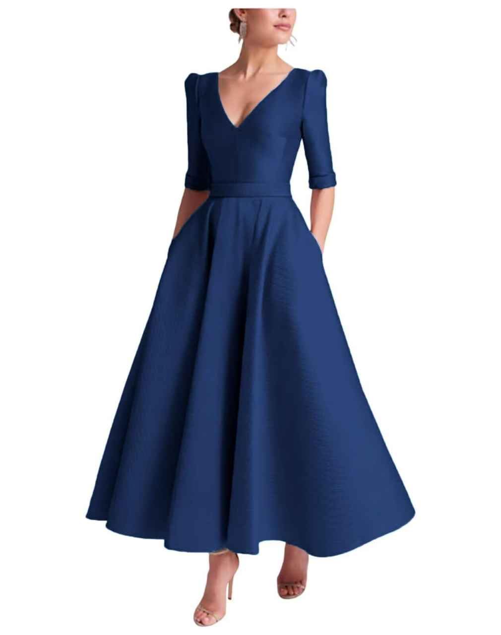 Satin Tea Length Mother of The Bride Dresses with Pockets Half Sleeve V Neck Formal Evening Dress with