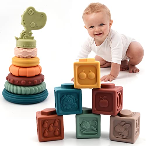 Image of Fuwane 13Pcs Dinosaur Baby Stacking Toys, Nesting Circle Toy Soft Building Rings Stacker & Teethers Squeeze Play with Early Educational Toy for 6 9 12 15 18 Months Baby Toddler Boys Girls Gifts