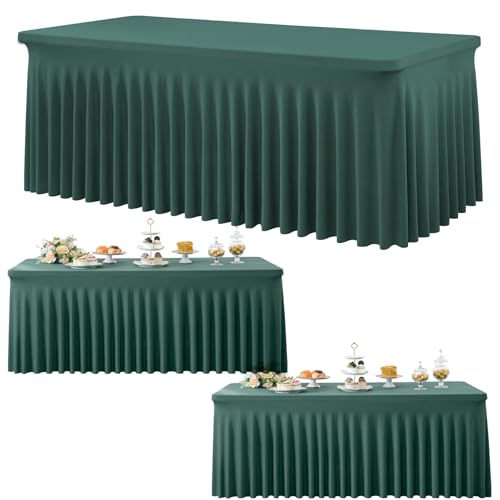 Image of 3 Pack Hunter Green Spandex Tablecloth for 6 Foot Rectangle Tables, Wrinkle Free Fitted Table Cloth Cover 6ft Green Stretchy Tablecloths Desk Skirt for Parties Weddings Birthday Banquet Baby Shower